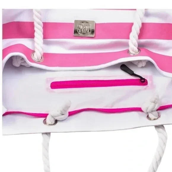 Pink & White Striped Rope Handle Tote Bag With Inner Zipper Pocket - Picture 3 of 4